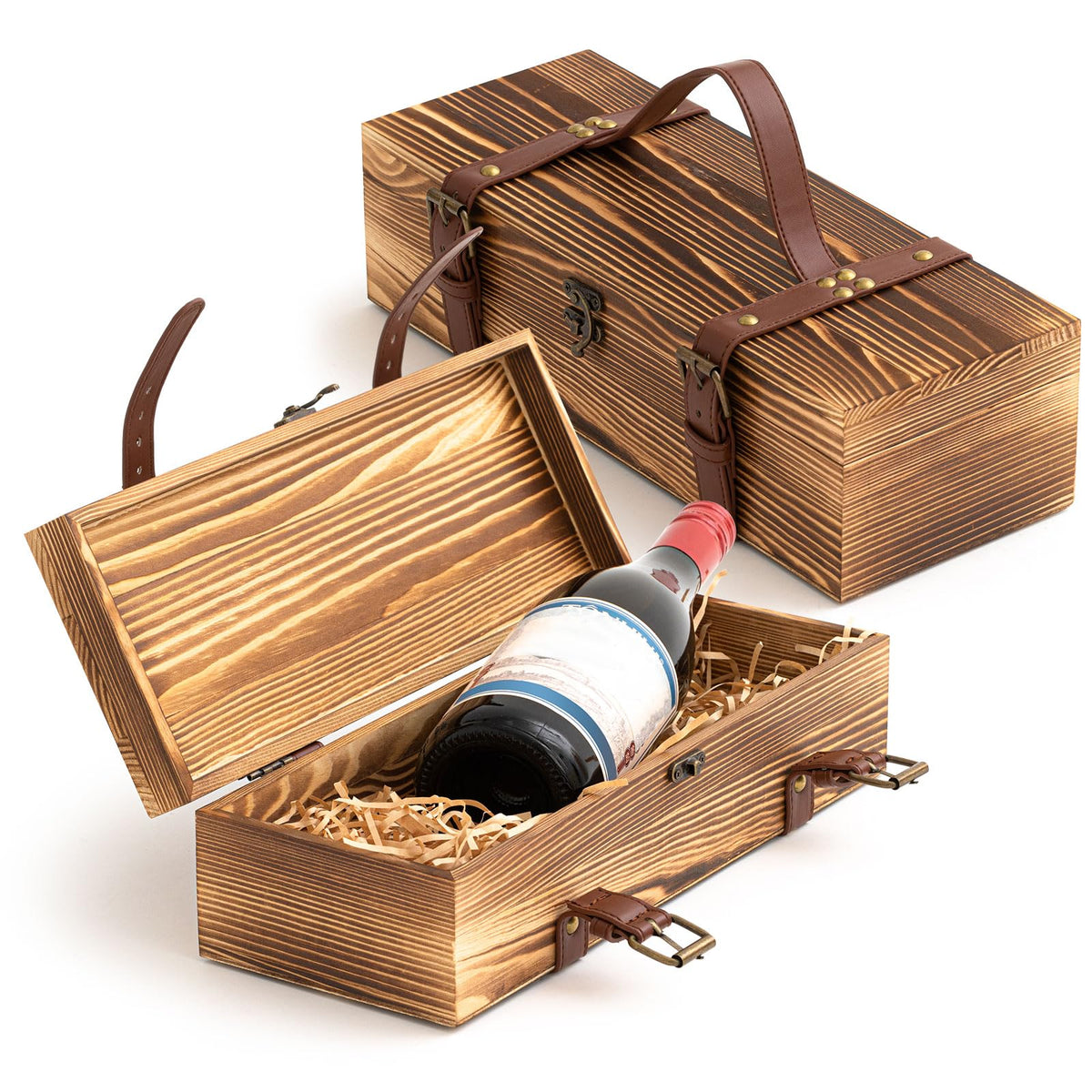 Briwooody 1 Pack Vintage Wooden Wine Gift Box - Rustic Wine Bottle Gift Case Single Bottle Holder with Leather Buckle Straps and Locking Latch for Birthday, Wedding, Anniversary, Housewarming