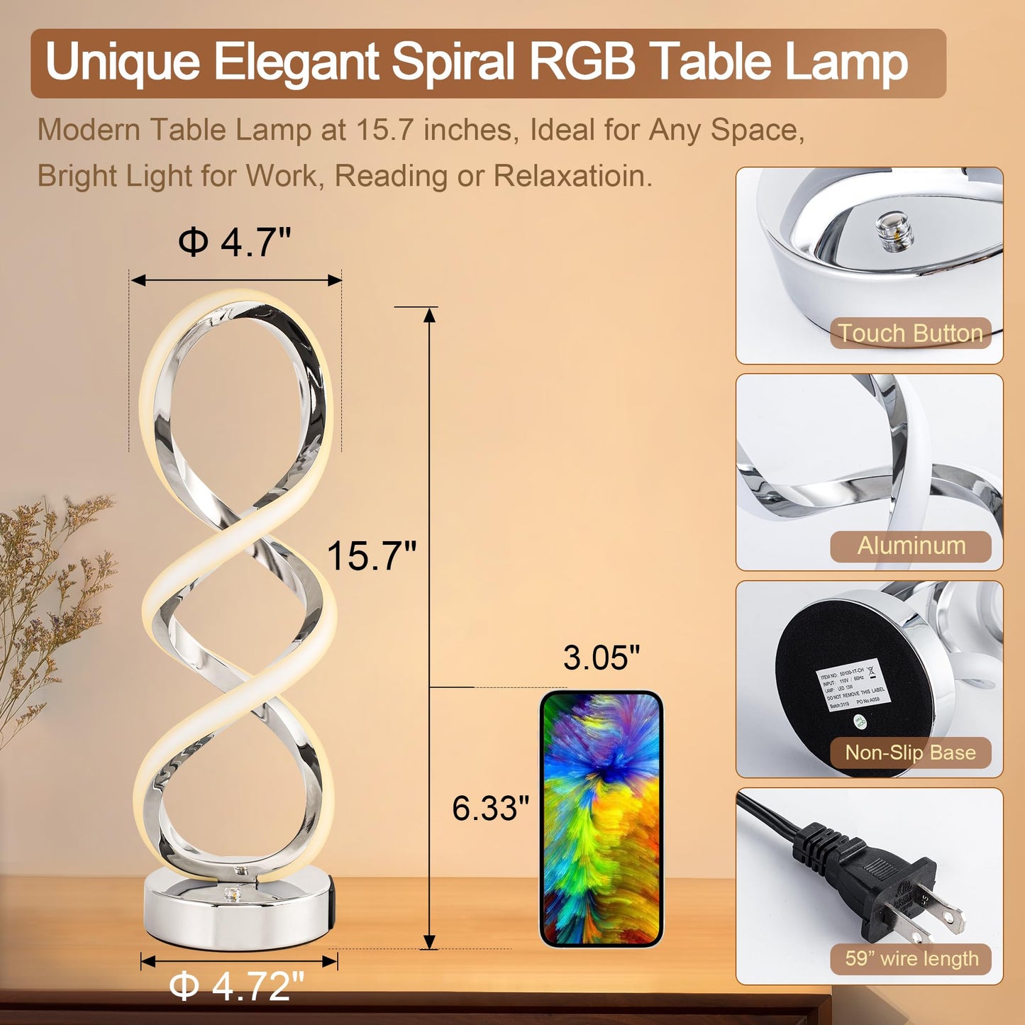 Adebime Modern Spiral RGB Table Lamp, Touch Dimmable Bedside Lamp, 7 Colors 10 Light Modes Spiral Design Table Lamp, Unique Nightstand Lamp for Living Room, Bedroom, Cool Lamps, Silver