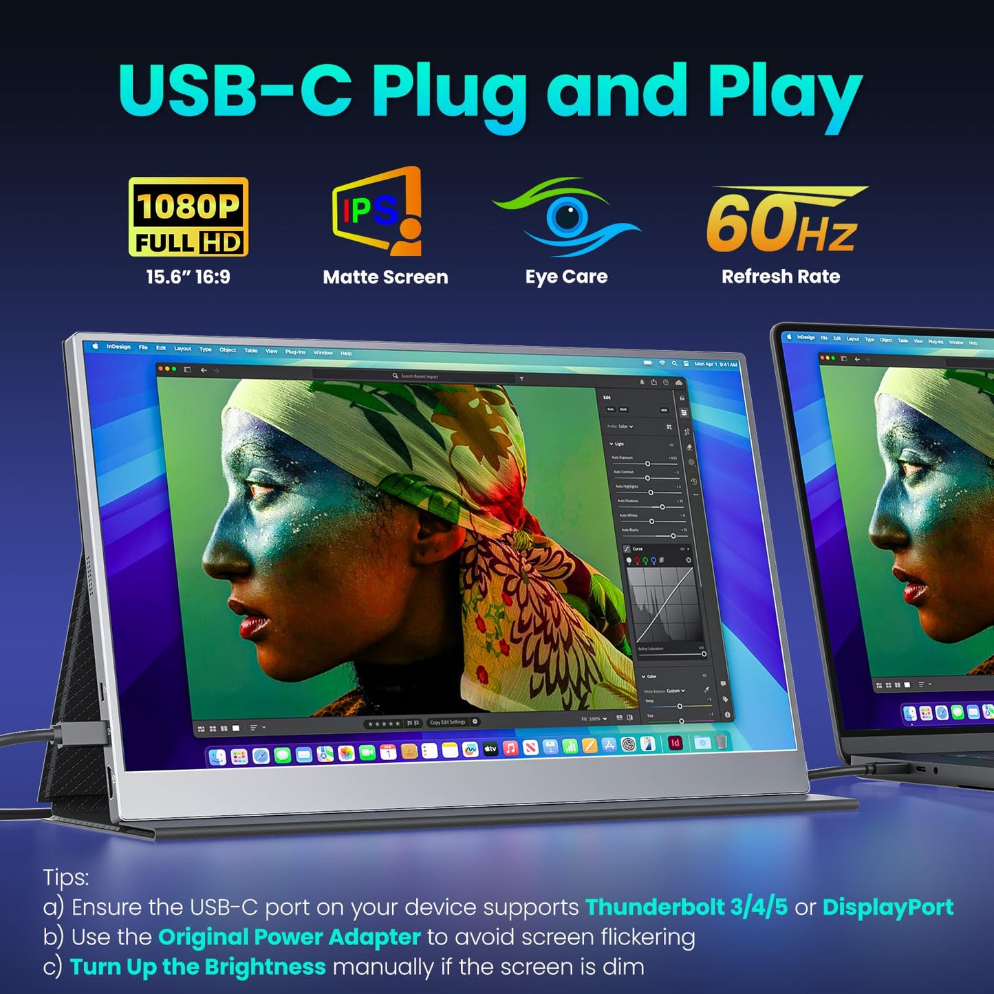 Portable Monitor 15.6" FHD 85% sRGB 60Hz IPS HDR HDMI USB-C Travel Monitor for Laptop MacBook PC Surface PS5 Xbox, External Display with Cover & Speakers, VESA Compatible