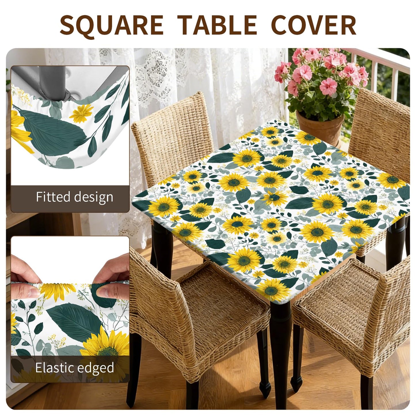 ARTSGOO Square Fitted Tablecloth with Elastic Edge Design Table Cover Waterproof Stain-Resistant Wipeable Table Cloth for Kitchen Dining Picnic Patio Outdoor Party Sunflower 34X34 Inch