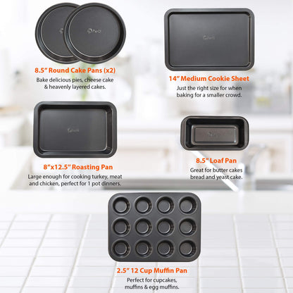 PERLLI Non-Stick 6-Piece Bakeware Set – Carbon Steel with Even Heat Distribution, Oven Safe to 446°F, BPA-Free, Dishwasher Safe, Stackable Baking Tools for Easy Storage and Everyday Cooking - Gray