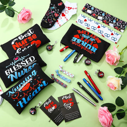 72 Pcs Nurse Week Gifts Bulk 2026,Nurses Appreciation Gift Set for Women Socks Makeup Bag Penlight Badge Reels Headband Bracelet Hair Rope for Graduation Gratitude Employees Doctor Hospital Staff Team