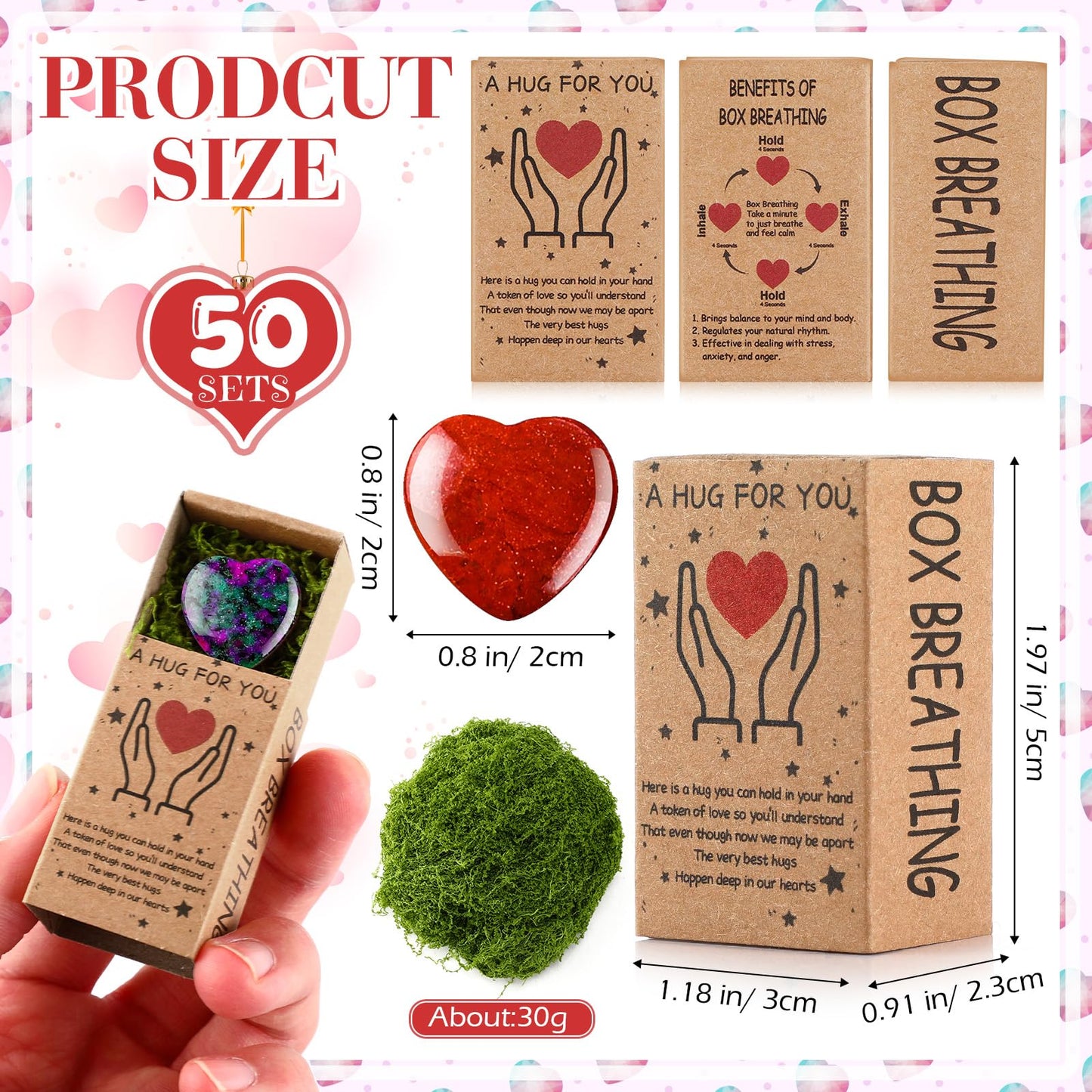 Landical 50 Sets Pocket Hug Token Gifts Bulk Little Heart Rocks Small Crystal Heart Stones Bulk with Boxes for Birthday Party Colleagues Family Celebration of Life Gifts (Classic)