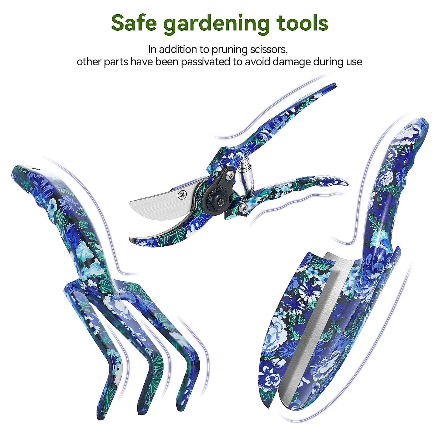 FLORA GUARD 3 Piece Aluminum Garden Tool Set with Blue Print - Trowel, Cultivator, Pruning Shear, Set for Gardening Needs (Blue)