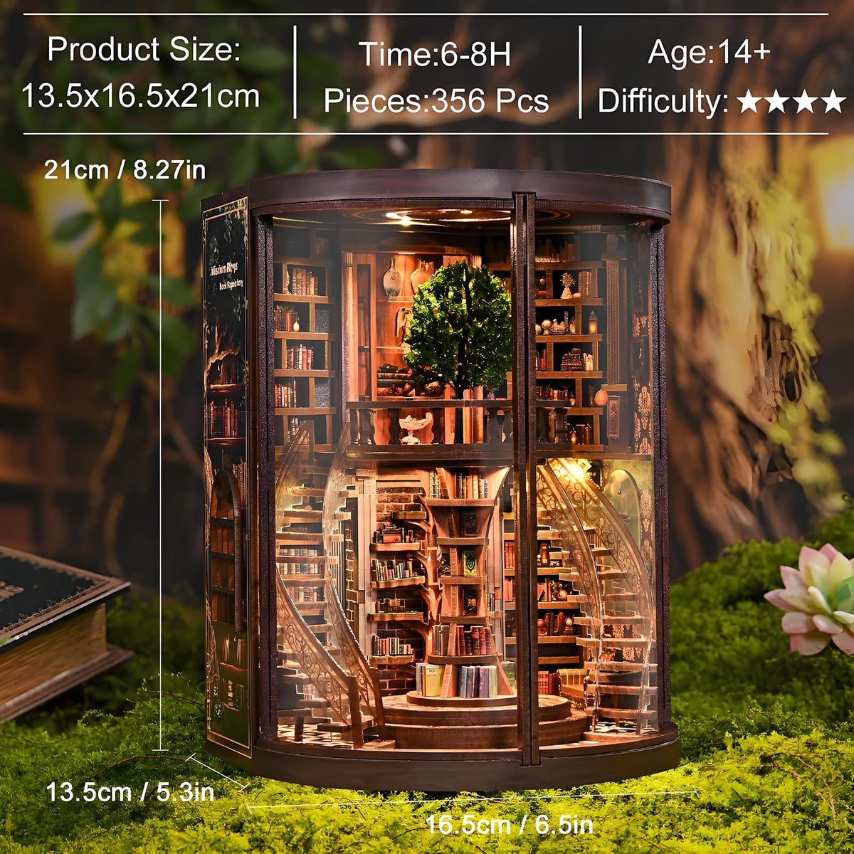 Ahilmrn Book Nook Kits for Adults Fantasy 3D Puzzle Library Booknook Kit with Dust Cover Wisdom Book Repository Round Bookshelf Decor Wooden DIY Spiral Staircase Miniature Dollhouse Book House