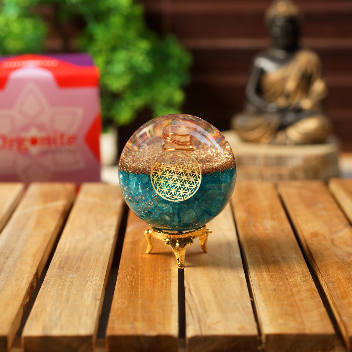 Orgonite Crystal Blue Aquamarine Crystal Ball with Stand for Positive Energy, Chakra Balancing –with Flower of Life Symbol to Promote Purpose, Serenity and Courage