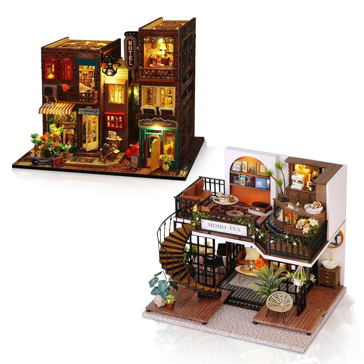 Hallisun DIY Miniature House Building Kits, Scarborough Hotel and Momo Tea House 3D Wooden Dollhouse Toys, Birthday Festival Gift for Teens Adults with Dustproof Covers