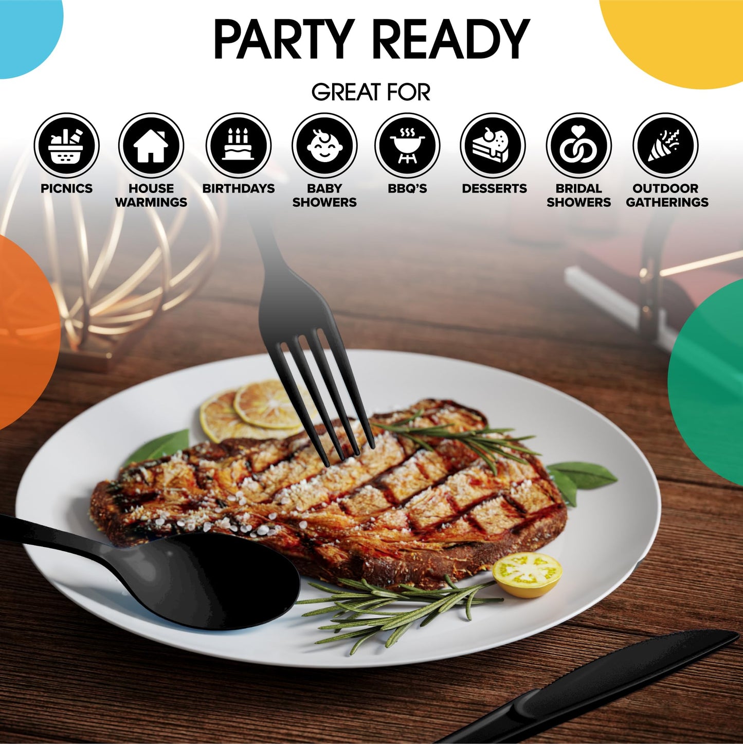 Party Solids Black Plastic Silverware Heavy Duty 150 Pieces Black Plastic Cutlery Sets, Utensil Sets, 50 Of Each Forks, Knives & Spoons Disposable Cutlery Set, Flatware Set For Party Supplies