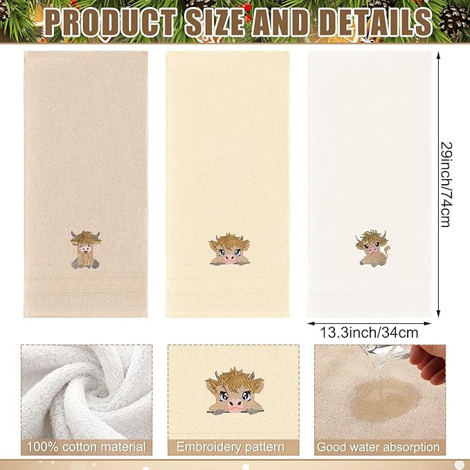 3 Pcs Mini Baby Highland Cow Hand Towels