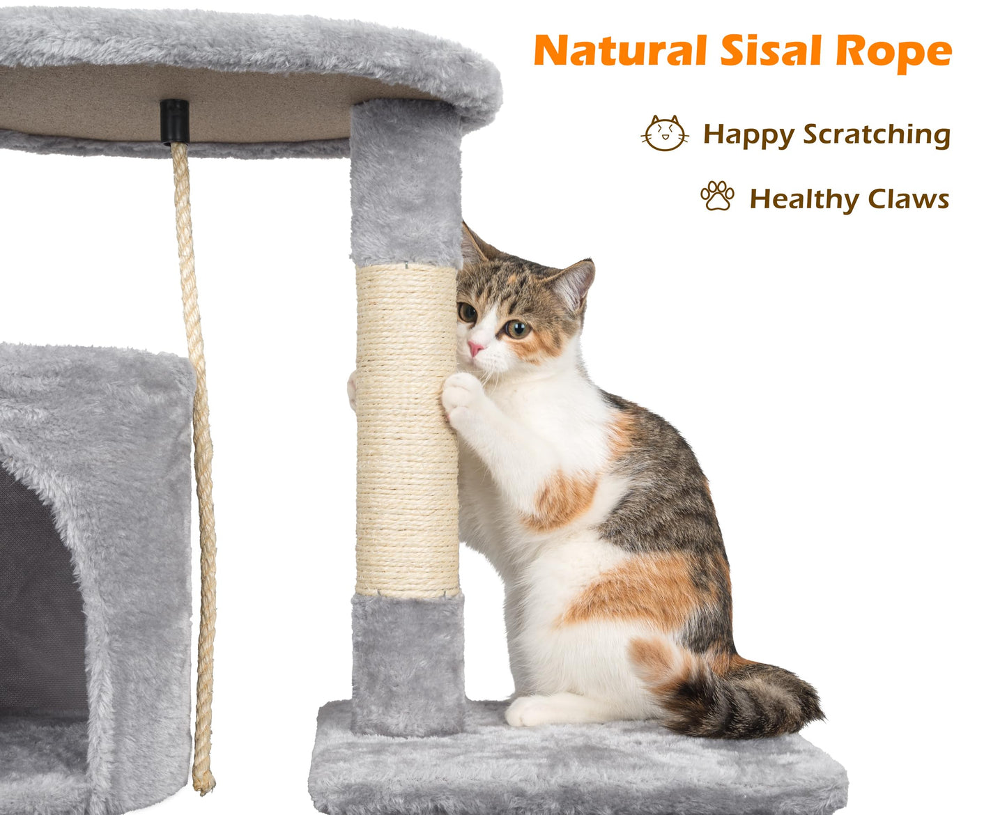 Cat Tree, 112cm Cat Scratching Post for Indoor Cats, Multi-Level Stable Cats Tower with Sisal Scratching Posts, Plush Toy Balls, Cave, Sisal Rope for Kitten Climbing, Playing, Relaxing, Grey