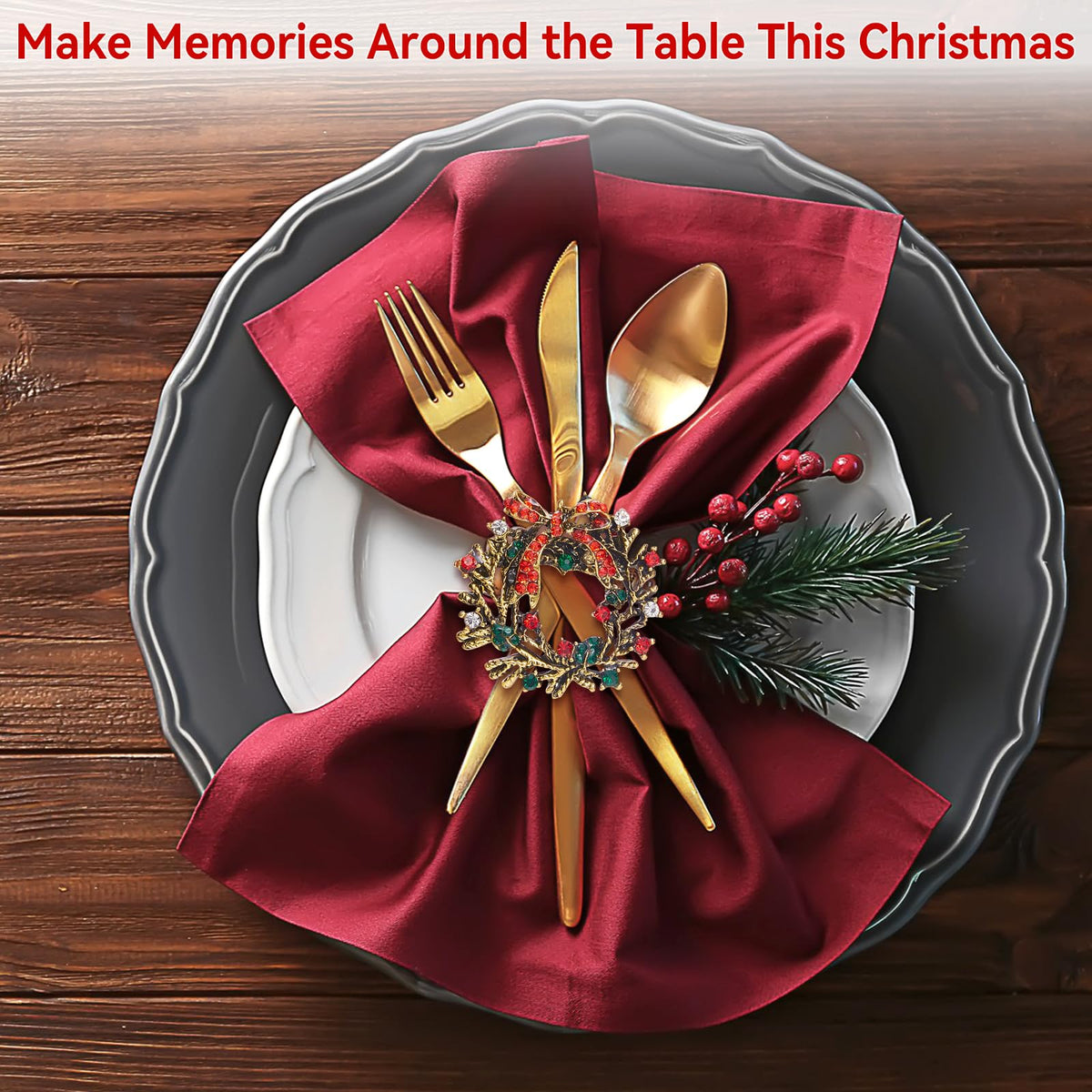 ZeeDix Christmas Wreath Napkin Rings Set of 12, Holiday Rhinestone Christmas Napkin Ring Holders for Cloth Napkins, Napkin Buckle for Thanksgiving Holiday Dinner Table Decor