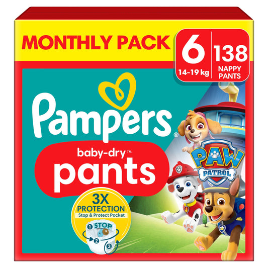 Pampers Baby-Dry Nappy Pants Paw Patrol Edition Size 6, 138 Nappies, 14kg-19kg, with Our 360° Pants Fit to Help Prevent Leaks