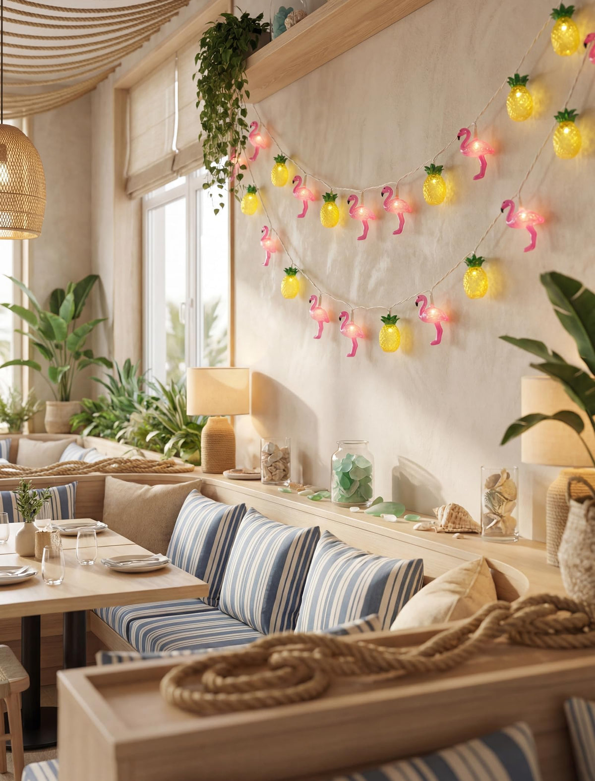 8.5FT Flamingo Pineapple Summer String Lights, Boho Tropical Tiki Summer Decorative String Lights with 10 LED Bulbs, Connectable Outdoor Indoor Decor for Hawaiian Luau, Pool Party, Patio, Beach