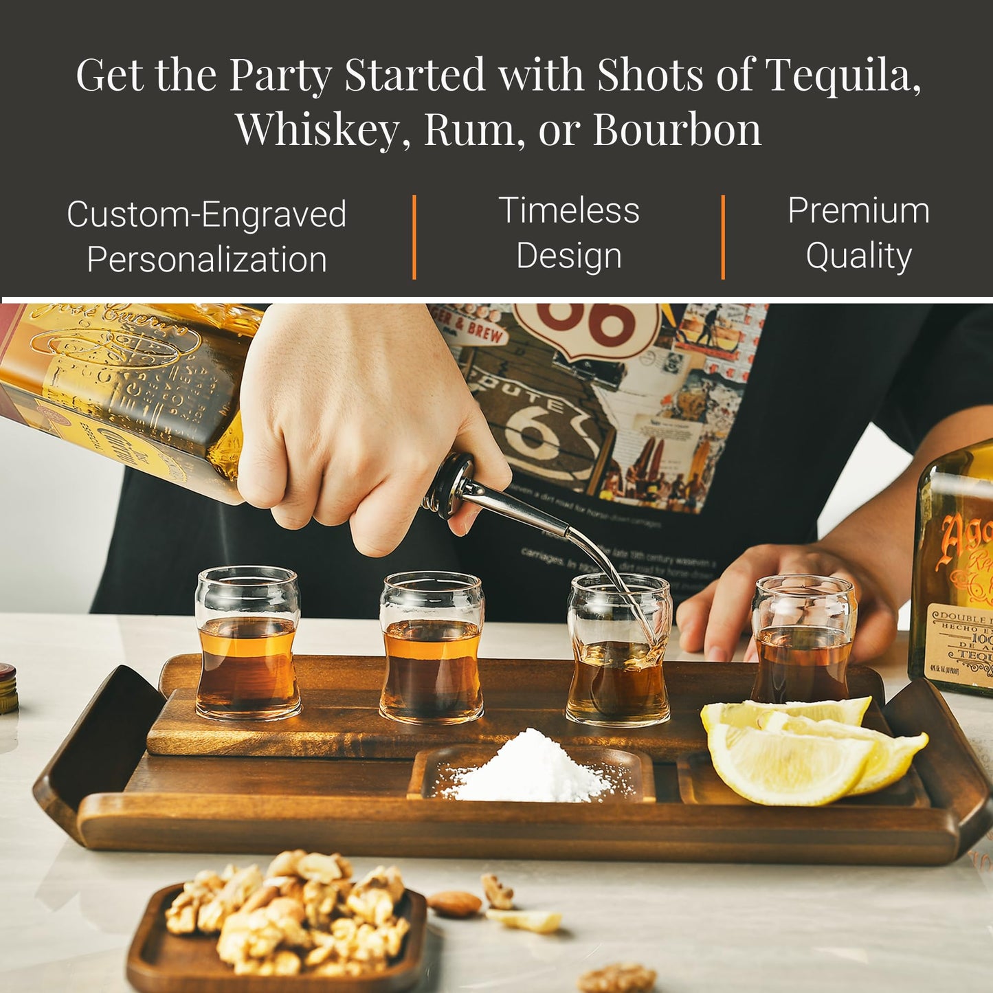 Shanik Rustic Wooden Tequila Flight Tray Set – Tasting Board with 4 Shot Glasses & Coasters, Cocktail Sampler for Parties, Home Bar, Men’s Gift, Pairing Kit