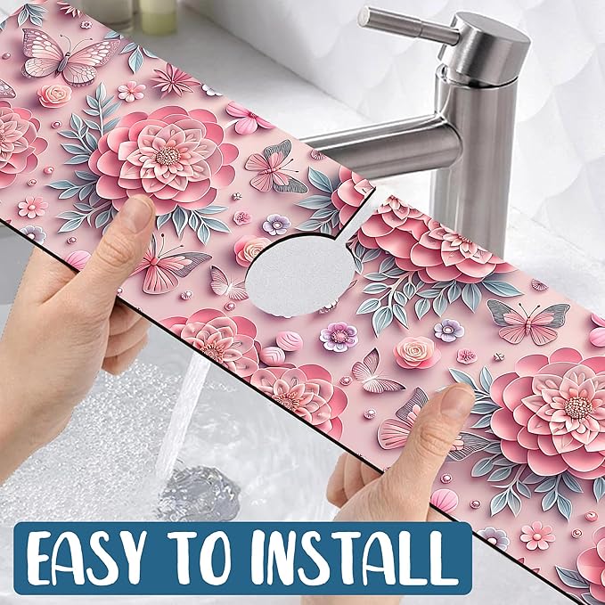 Pink Floral Sink Splash Guard Faucet Mat Flower Butterfly Super Absorbent Fast