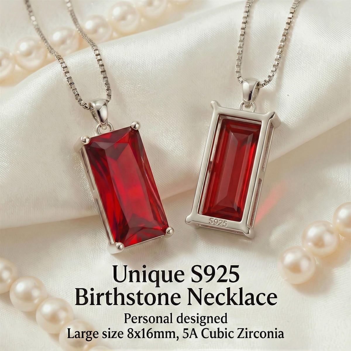 Kuschelkatze 8mm x 16mm Square July Birthstone Ruby Pendant Necklace – Fashion charming Sterling Silver Gift for women