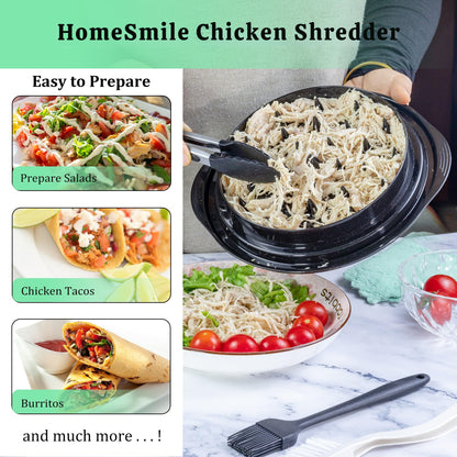 Chicken Shredder Tool Twist Large - 5Pcs Set, 10'' Chicken Meat Breast Shredder with Transparent Lid, BPA Free, Heat Resistant, Anti-Slip Strip, Tongs, Cleaning Brush, Oil Brush, Coral Fleece Cloth