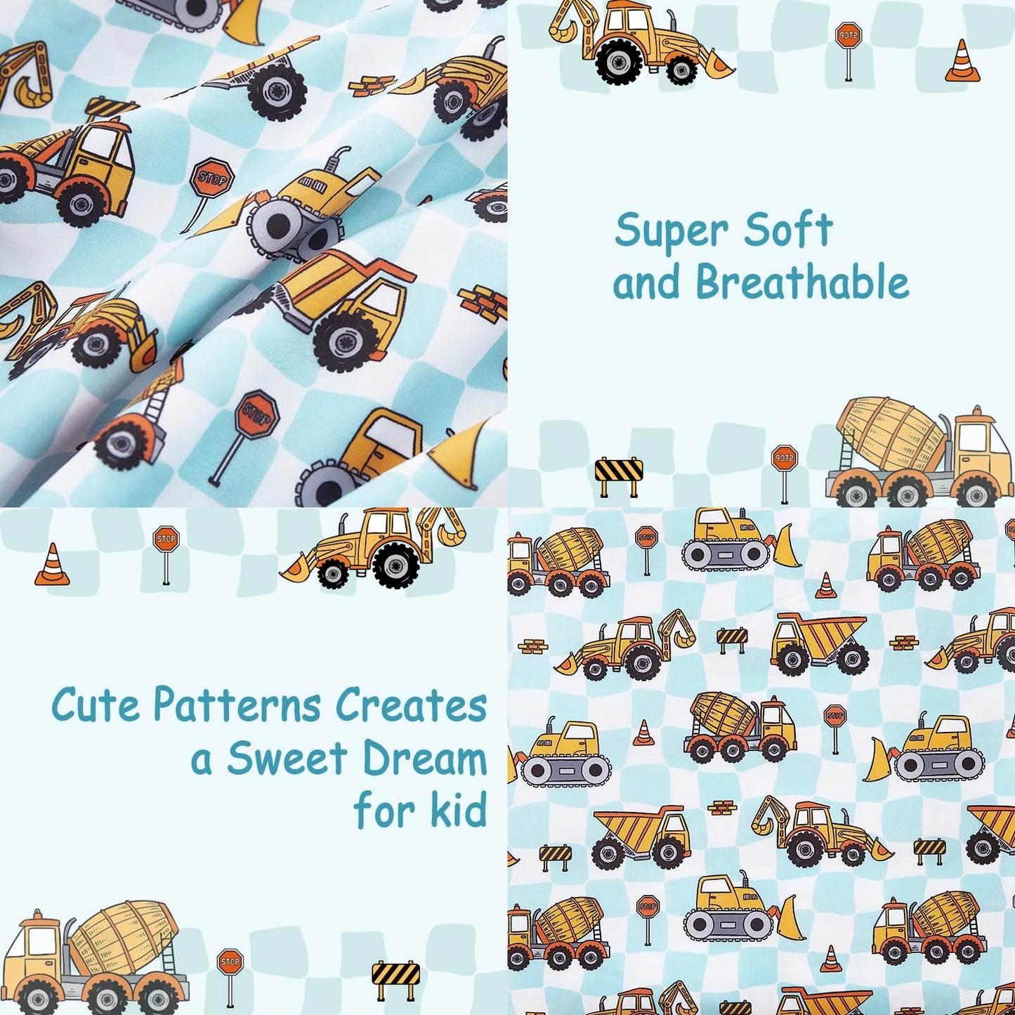 lasoftan Kids Sheet Set Twin Size, Twin Sheet Set with Grid Excavator Pattern，Breathable Silky Soft Microfiber Kids Fitted Sheet