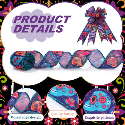 6 Rolls 30 Yards Days of The Dead Ribbons 2'' Mexican Dia De Los Meurtos Ribbon Wired Edge Sugar Skull Papel Picado Skeleton for Wreath Bows DIY Craft Gift Wrapping Halloween Mexican Party Supplies