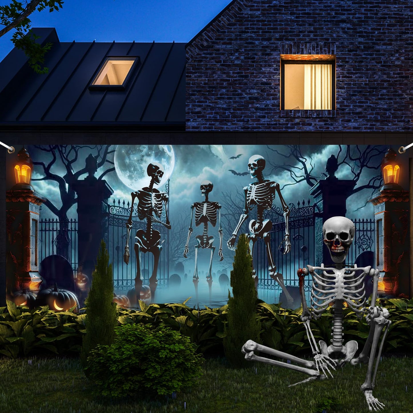 Preboun Halloween Garage Door Decorations Skeleton Halloween Hanging Garage Door Cover Banner Backdrop Mural for Home Outdoor Indoor Spooky Party Wall Window Yard, 7 x 16 ft