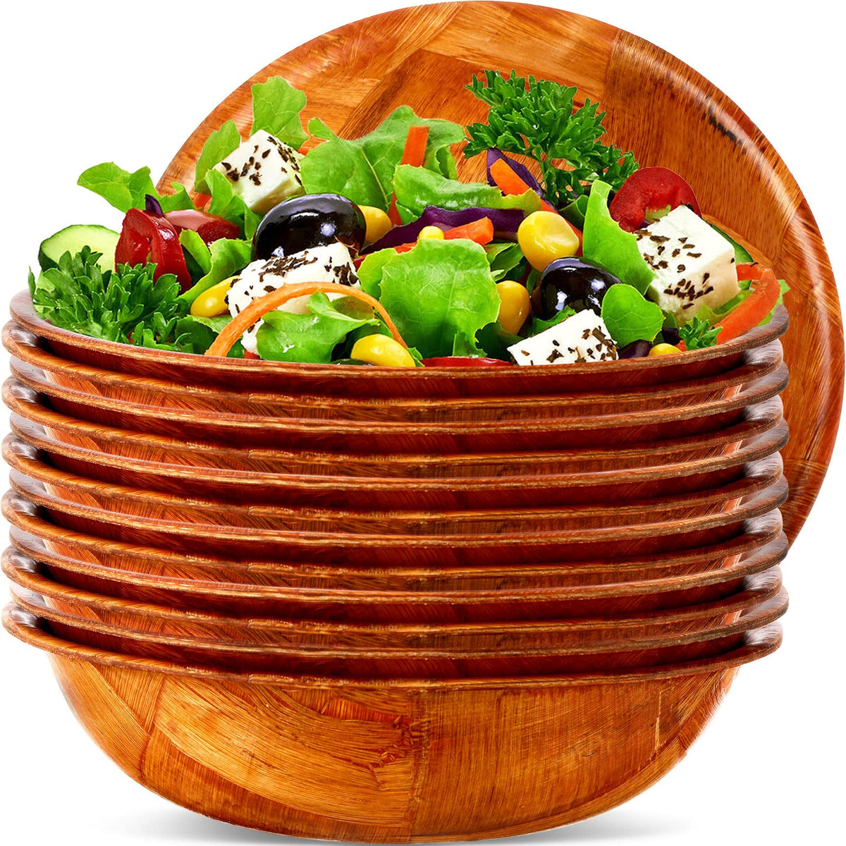 Didaey 12 Pcs Wooden Salad Bowl Set, 6 Inch Round Wood Serving Bowls, 6" Diameter x 1.5" Height, Wooden Woven Salad Bowls for Fruits, Vegetables, Snacks, Kitchen & Dining