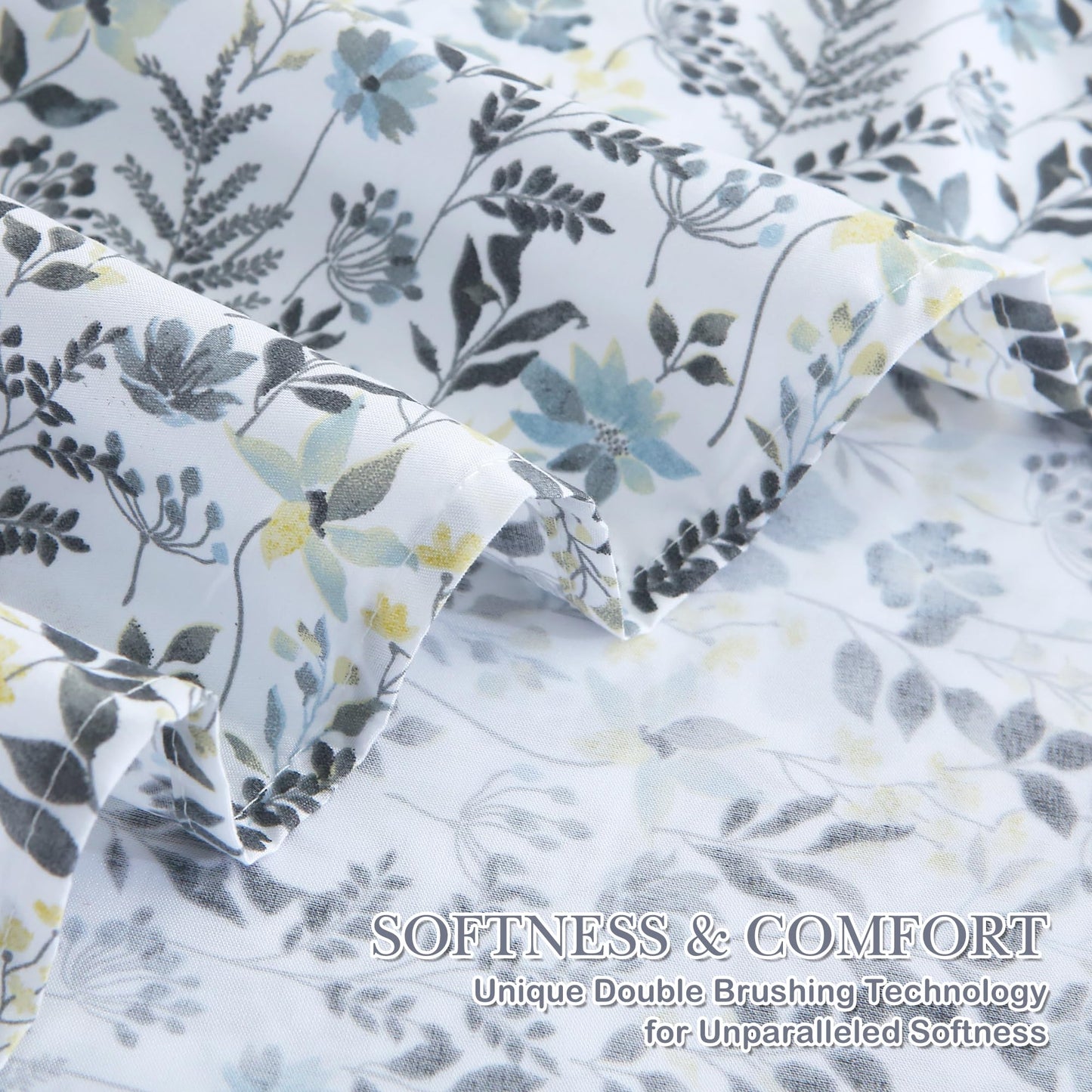 Mooreeke Cozy Vintage Microfiber Printed Queen Sheet Set - Soft Breathable Percale Cotton Floral Bed Sheets with Deep Pocket - Non-Slip Fitted Design - Yellow Blue Gray Gradient Flowers Pattern