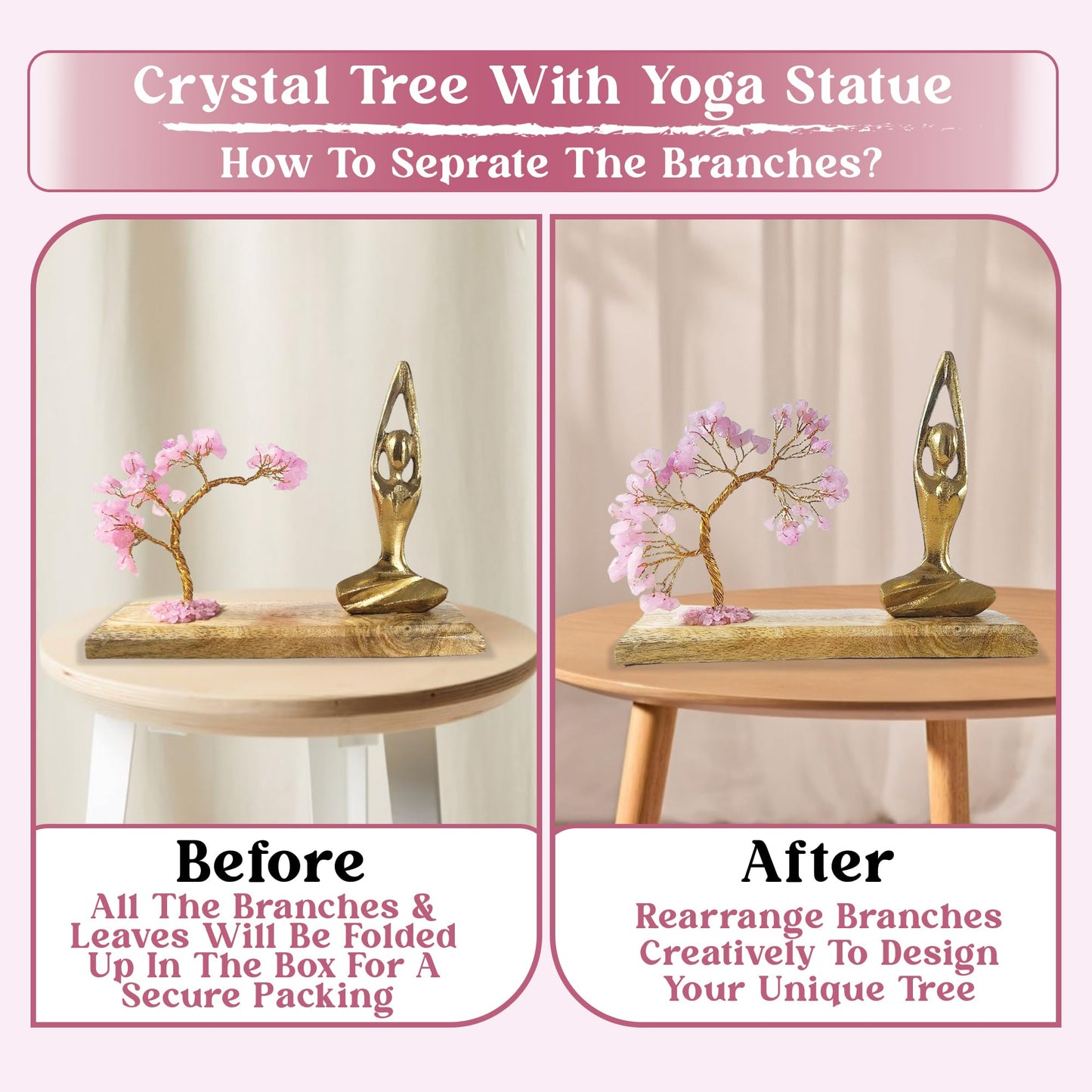 HOME INFINIX Rose Quartz Crystal Tree with Golden Yoga Figurine – Handmade Bonsai Gemstone Tree on Wooden Base for Healing & Positivity, Meditation, Feng Shui, Reiki, Spiritual Home Decor, Zen Gift