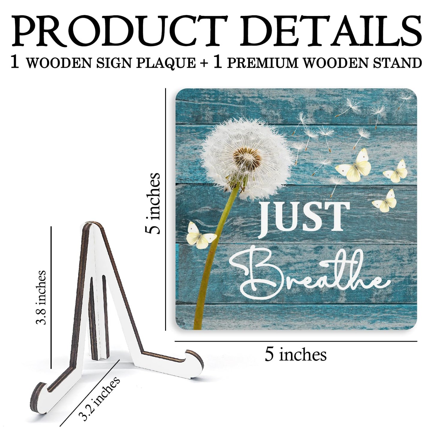 HSIASHENG Just Breathe Wooden Decor 5"X5", Just Breath Wooden Desk Table Sign for Home Office Restroom Living Room Bathroom, Funny Quote Decorative Gifts for Man Woman Friends (5x5 Inch)