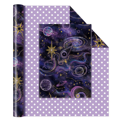 WERNNSAI Galaxy Wrapping Paper Roll - 1 Roll 17” x 33 ft Purple Dark Night Sky Nebula Star Wrapping Paper for Boys Girls Reversible Polka Dot Design Gift Wrap for Birthday Holiday Baby Shower Party Favors