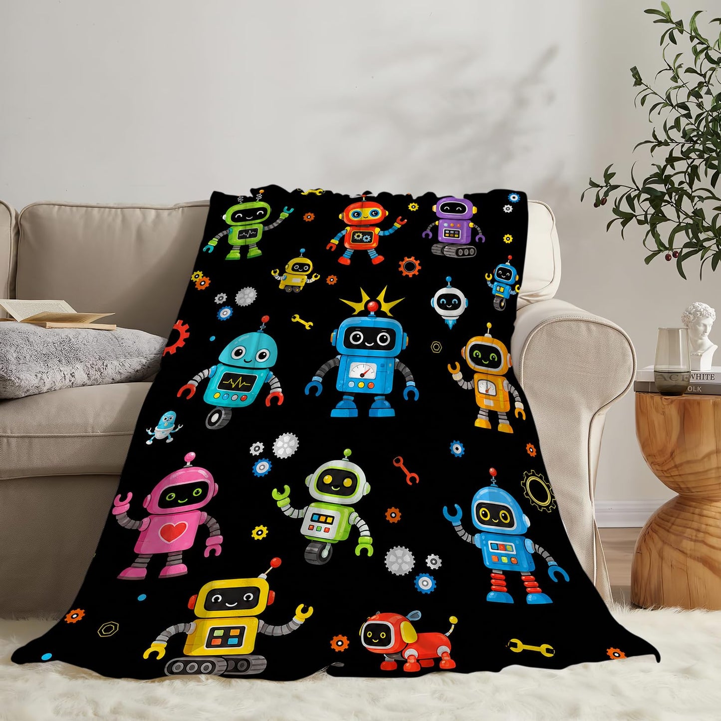 Robot Blanket Soft Fuzzy Fleece Cartoon Robots Machine Throw Blankets Decor Cozy Warm Plush Flannel Blanket Gifts for Toddler Boys Girls Kids Teens Adults Home Decor Stuff Sofa Couch Bed 50"X40"