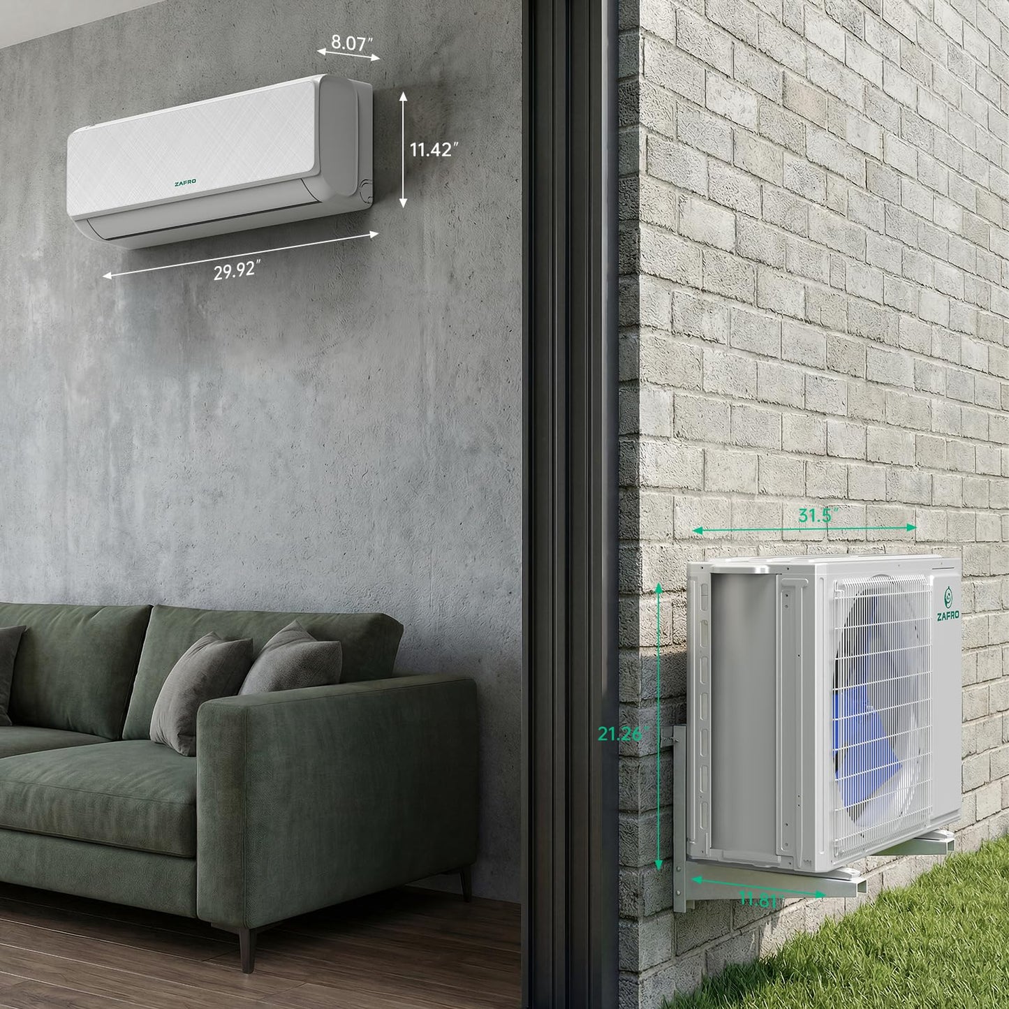 ZAFRO 12000 BTU Mini Split Air Conditioner Heating System, 22 SEER2 Inverter Ductless Mini Split AC System with WiFi & Remote Control, Ultra Quiet 24dB, Cools/Heats Up to 750 Sq.Ft