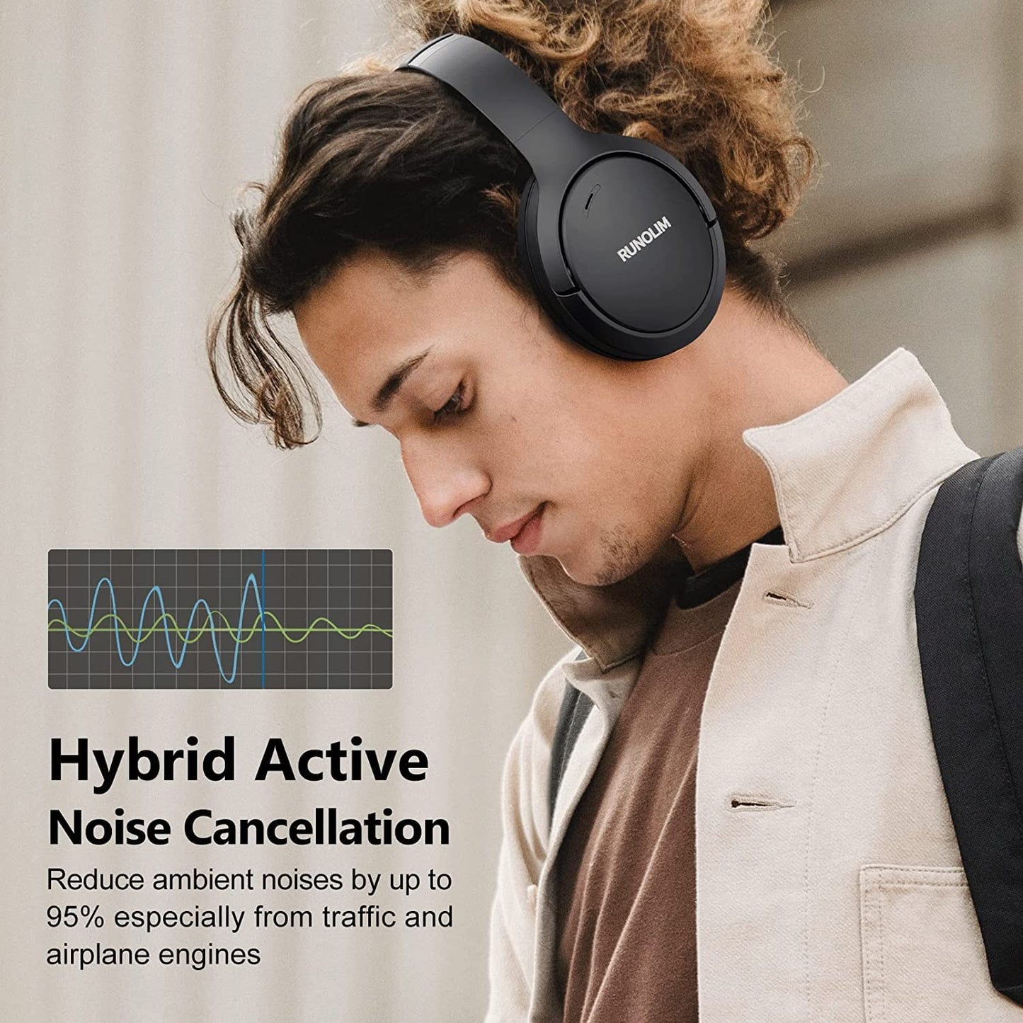 RUNOLIM Hybrid Active Noise Cancelling Headphones, Wireless Over Ear Bluetooth Headphones with Microphone, 70H Playtime, Foldable Wireless Headphones with HiFi Audio, Deep Bass for Home Travel Office