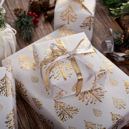 Flyhill Kraft Christmas Wrapping Paper,White Gold 3D Embossed Foil Christmas Tree with Woodlands Wrap Paper for Holiday, Party,Celebration, New Year (17 Inch X 32.8 Feet)