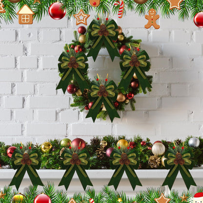 Syhood 6 Pcs Christmas Bows with Pine Cones Pine Needles Xmas Velvet Bows Sage Green Ribbon Christmas Tree Wreath Decoration for Xmas Parties Indoor Outdoor Crafts DIY Decor