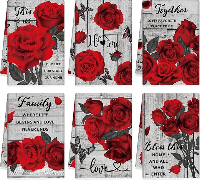 Breling Set of 6 Valentine's Day Red Rose Kitchen Towels Vintage Flowers Dish