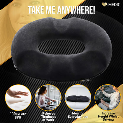 iMedic Memory Foam Donut Cushion (1 Pack) – Ergonomic Seat Cushion for Haemorrhoids, Coccyx & Postnatal Pain – Office Chair Cushion for Tailbone Relief – Orthopedic Support for Sitting Comfort