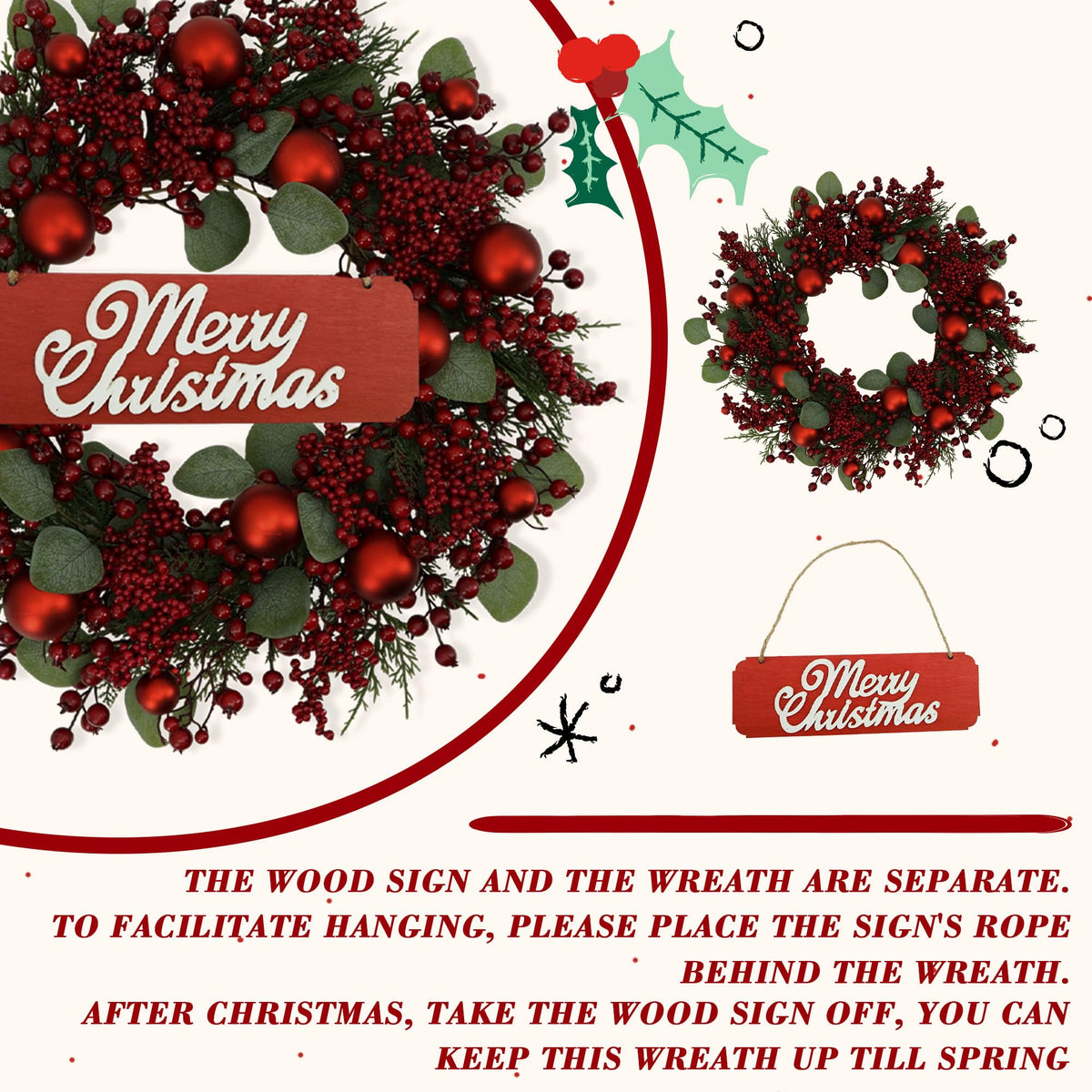 YNYLCHMX 20 Inch Christmas Wreath for Front Door, Winter Wreath with Welcome Sign Pine Needle Red Berry Ornaments, Artificial Door Xmas Wreaths for Window Fireplace Farmhouse Holiday Party Decoration