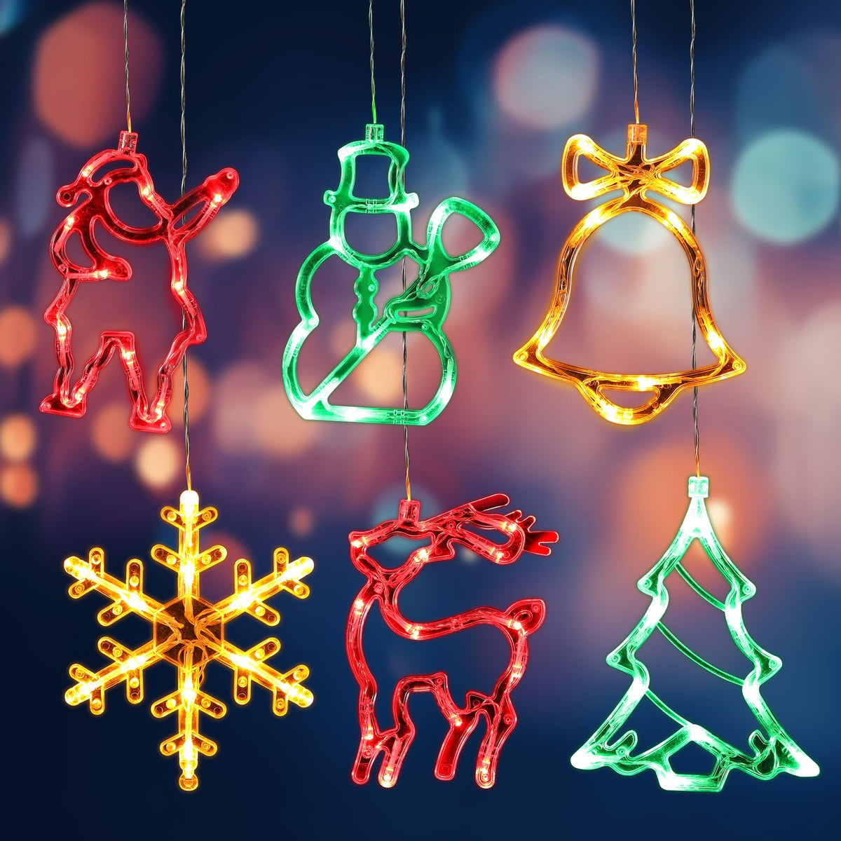 Baquler 6 Pcs Christmas Window Lights Decorations with Suction Cup Battery Operated Christmas Window Hanging Lights Santa Reindeer Snowman Xmas Tree Snowflake Bell for Xmas Tree Fireplace Indoor Decor