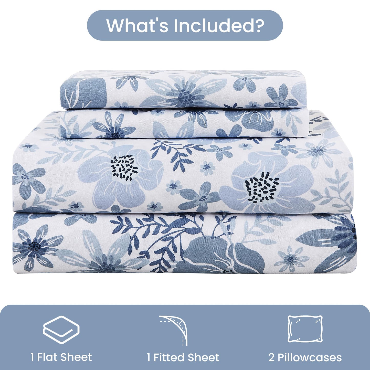 Mooreeke Queen Size Sheets Set - 4 Piece Soft Breathable Microfiber Bed Sheet Set - Blue & White Flower Pattern Sheet Set Queen - Deep Pocket Non-Slip Floral Fitted Sheet Included for All Season
