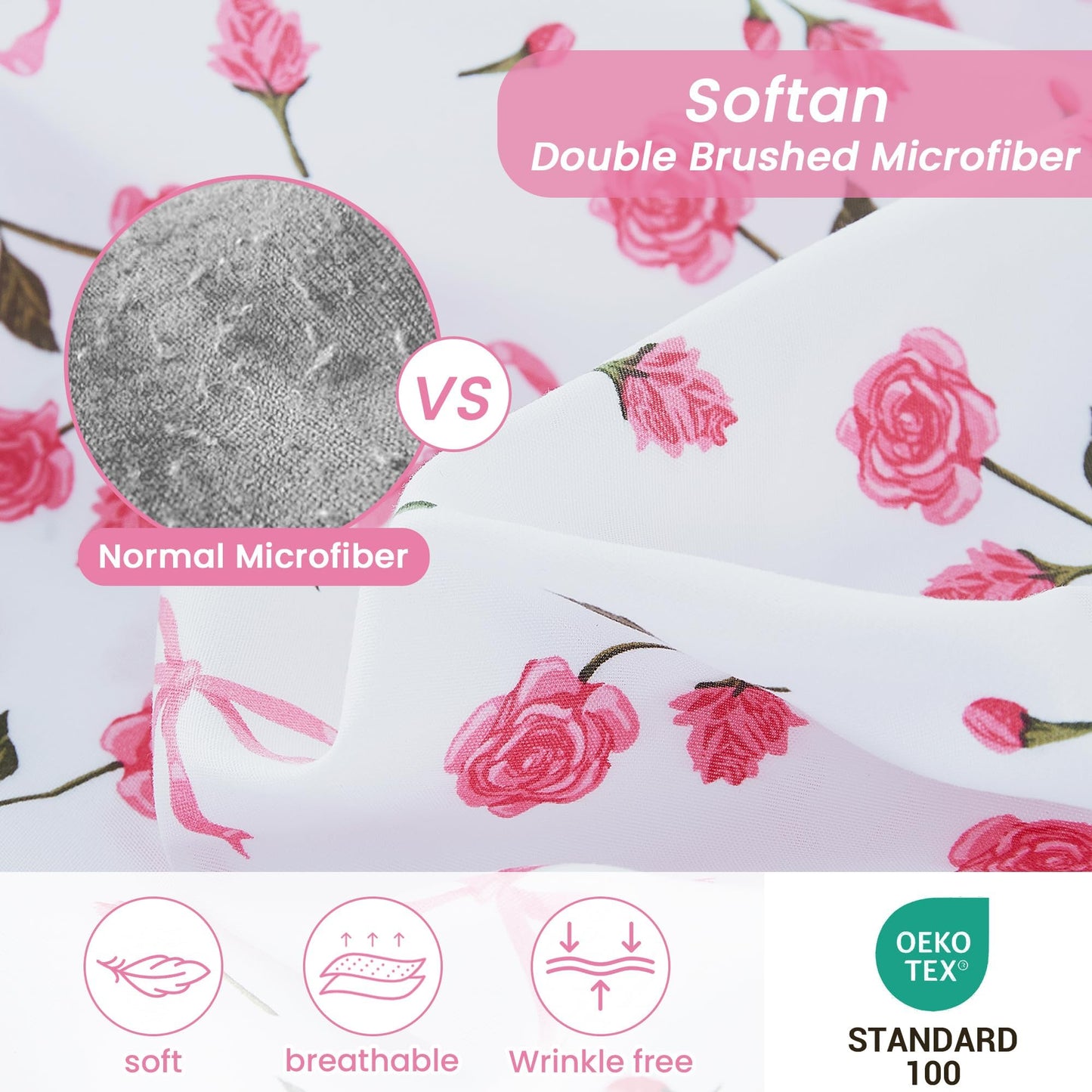 Softan Pink Floral King Bed Sheets, Cozy Microfiber Flower Printed Sheets with 15" Deep Pocket Fitted Sheet & Non-Slip Straps, Patterned Pink Rose - Bow Sheets & Pillowcase Set