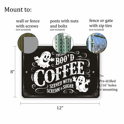 Halloween-Themed Metal Sign - "Freshly BOO'D Coffee Served with Scream and Sugar" - Humorous Ghost Design - 8"x12" Black Metal Sign