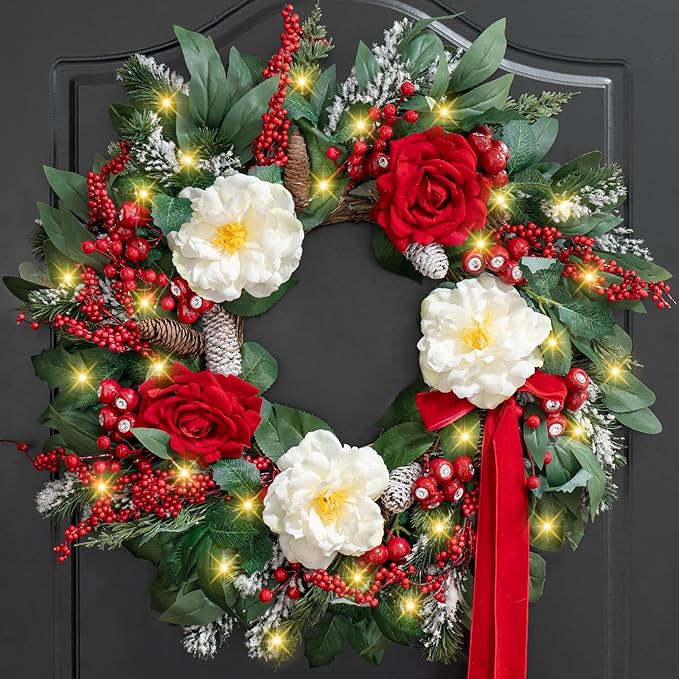 Prelit Christmas Wreaths for Front Door 24 Inch Holiday Wreath with Red Roses, White Peonies, Red Berries, Greenery & Velvet Bow Christmas Door Wreath Indoor Outdoor