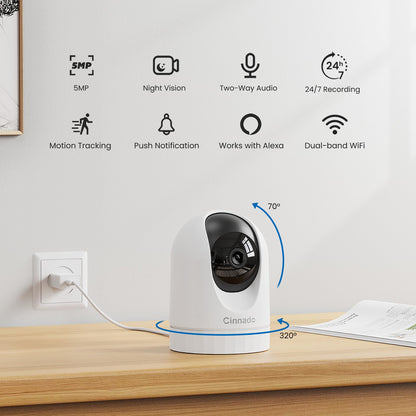 Cinnado 5G Indoor Camera - 5MP Baby Monitor Camera with APP, CCTV Camera, 5G/2.4G Dual-Band 360° Pet Dog Cam, Motion Tracking, 24/7 Recording, IR Night Vision