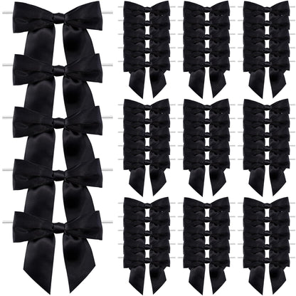 Oecoel 50Pcs 4.5in Satin Ribbon Bows with Clear Twist Ties Pre-Tied Decorative Bows for Present Wrapping, Treat Bags & Party Favors(Black)