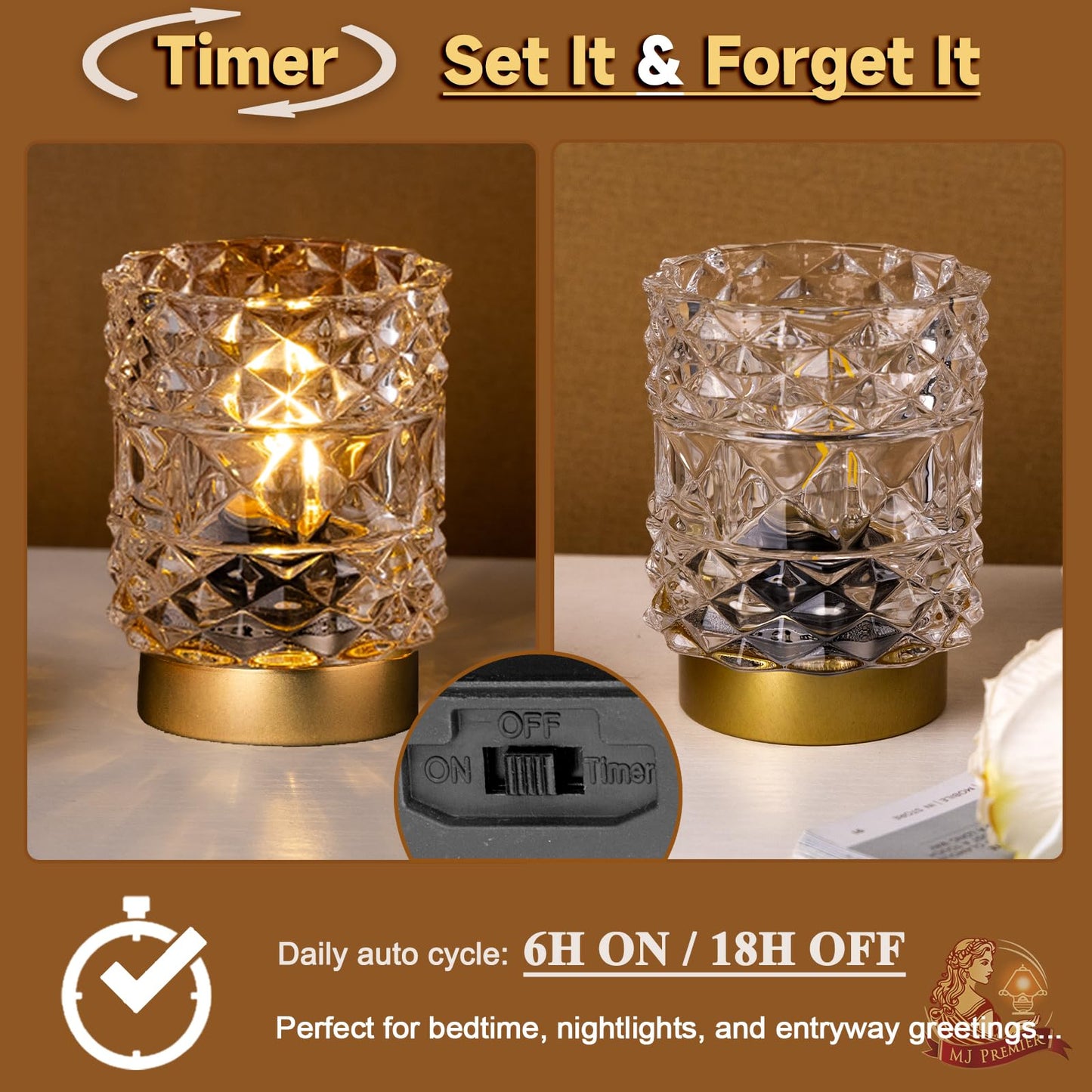 MJ PREMIER Battery Operated Lamp with Timer, Cordless Table Lamps for Shelf Decor, Rhombus Texture Aesthetic Crystal Lamp, Small Decorative Lamps for Bedroom/Bathroom/Kitchen/Entryway/Dorm (Clear)