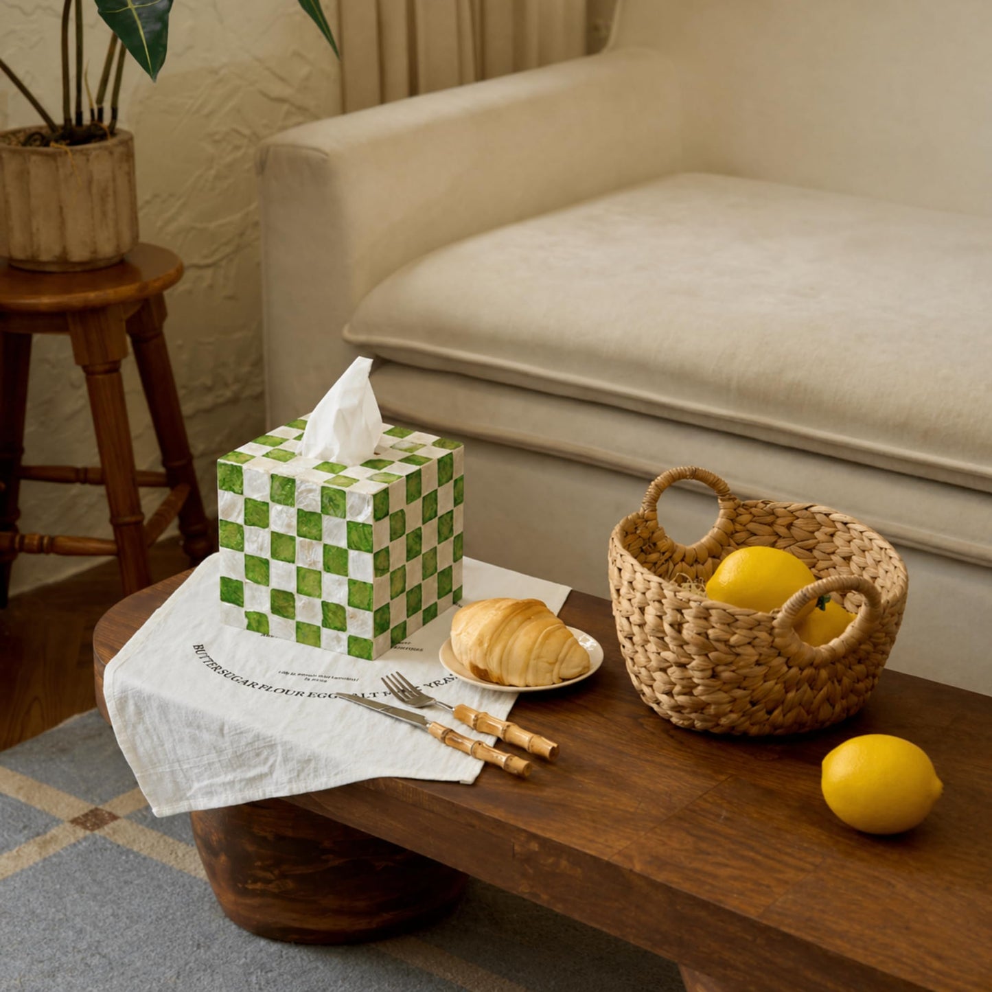 5.7" Square Tissue Box Cover for Kleenex and More, Handmade Green & White Checkered Capiz Shell Tissue Holder, Decorative Cube Tissue Box Cover for Bathroom, Living Room, Bedroom or Office (Natural)