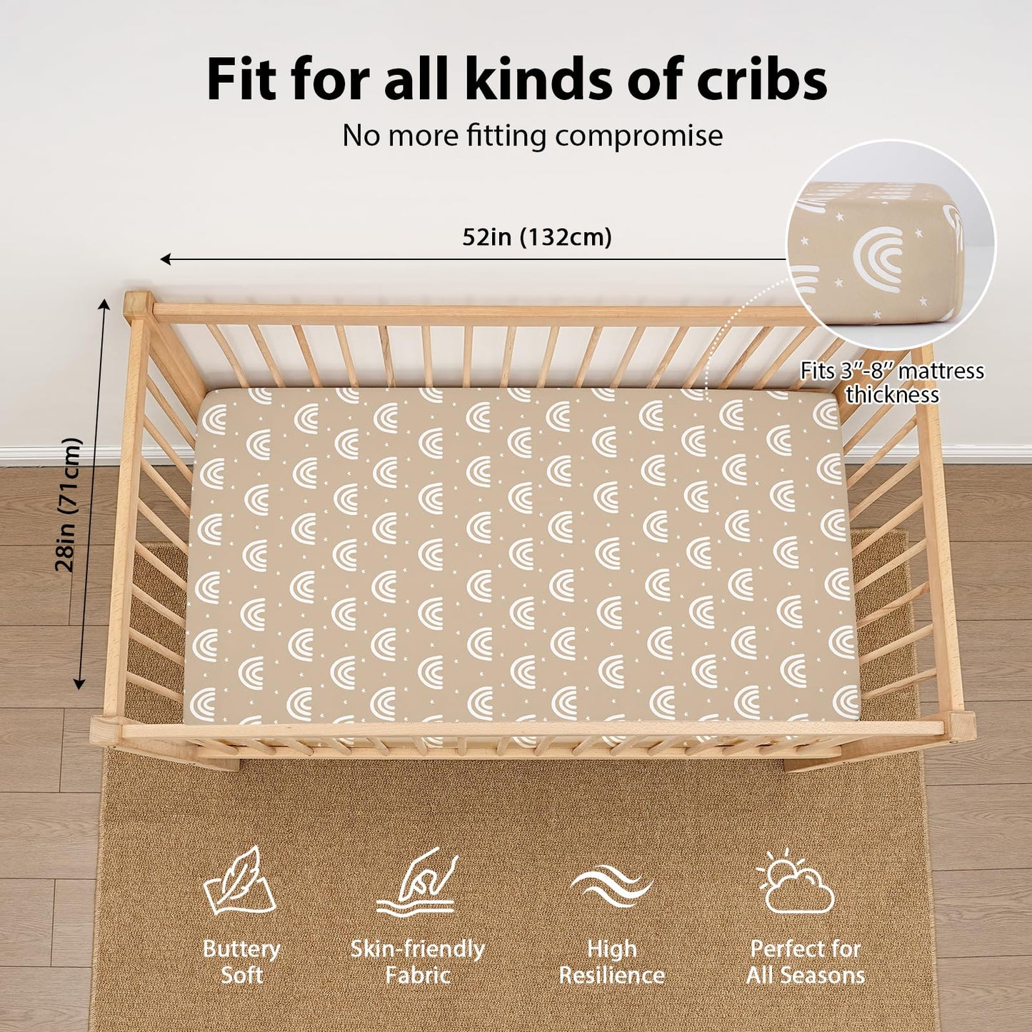 FIEMOL Baby Crib Sheets for Boys and Girls, 3 Pack Fitted Toddler Bed Sheets Neutral for 52”x28” Standard Crib and Toddler Mattresses, Super Soft Microfiber Orange Sun Rainbow