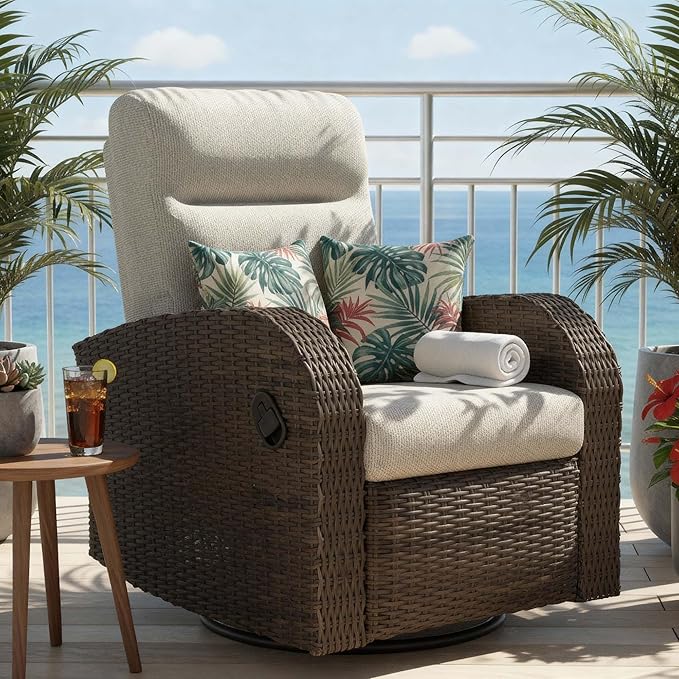 Outdoor Swivel Recliner Chair Set of 2, All-Weather Wicker Reclining Patio Chair with Adjustable Backrest and Footrest