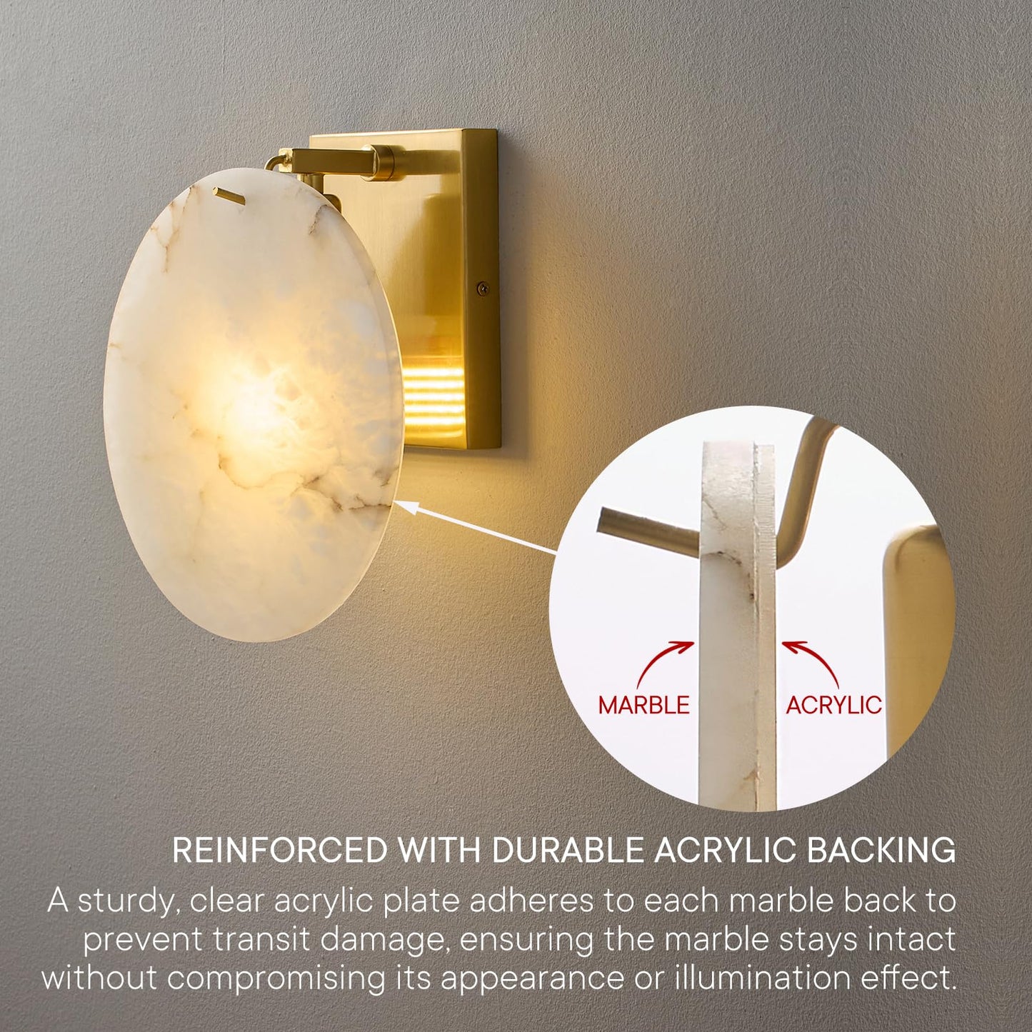 DLITISH Natural Alabaster Wall Sconce, 8.7 inch Round White Marble Wall Lamp with Gold Metal Base, Modern Alabaster Wall Light Fixture for Bedroom, Living Room, Dining Room, Hallway (E12 Bulb)