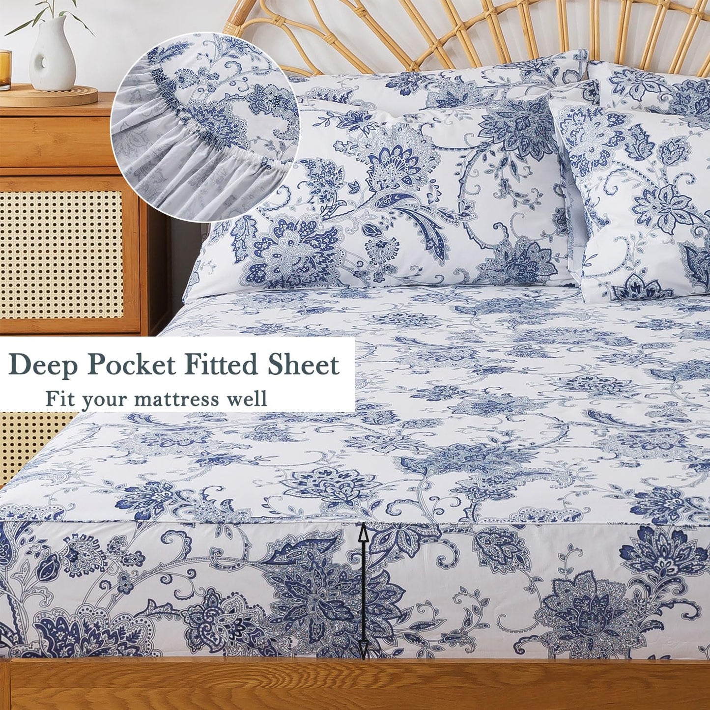FADFAY Queen Sheets Set Percale Cotton Floral Bed Sheets Deep Pocket Fitted Sheet, Luxury Blue Floral Pattern Classic European Style Bedding for All Season, Super Soft Crisp & Breathe,4Pcs